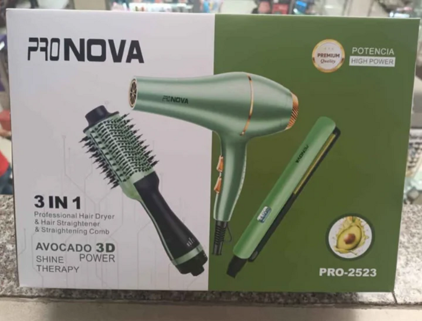 SET COMBO PLANCHA CEPILLO Y SECADOR AGUACATE PRONOVA PRO-2523